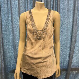 Greige Silk Sequin Detail Cutout Top